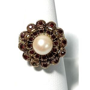 Vintage Ring Red Glass Rhinestones Faux Pearl Size 8 Adjustable FLAW